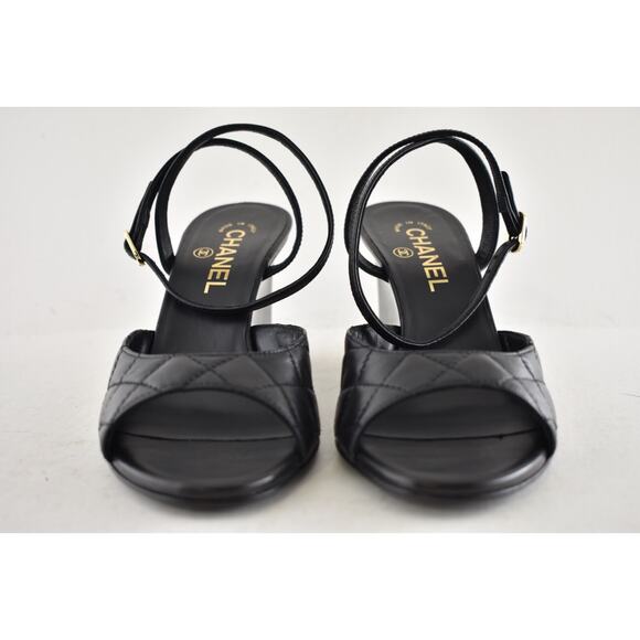 Chanel 24C Black Quilted Lambskin CC Crystal Logo Ankle Strap Sandal Wedge 38 - Picture 6 of 16